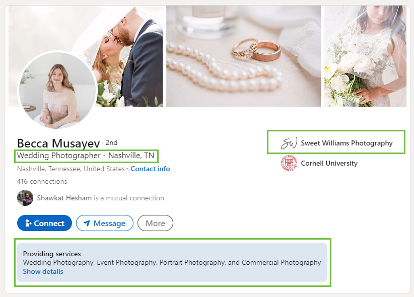 Wedding Photographer LinkedIn profile example